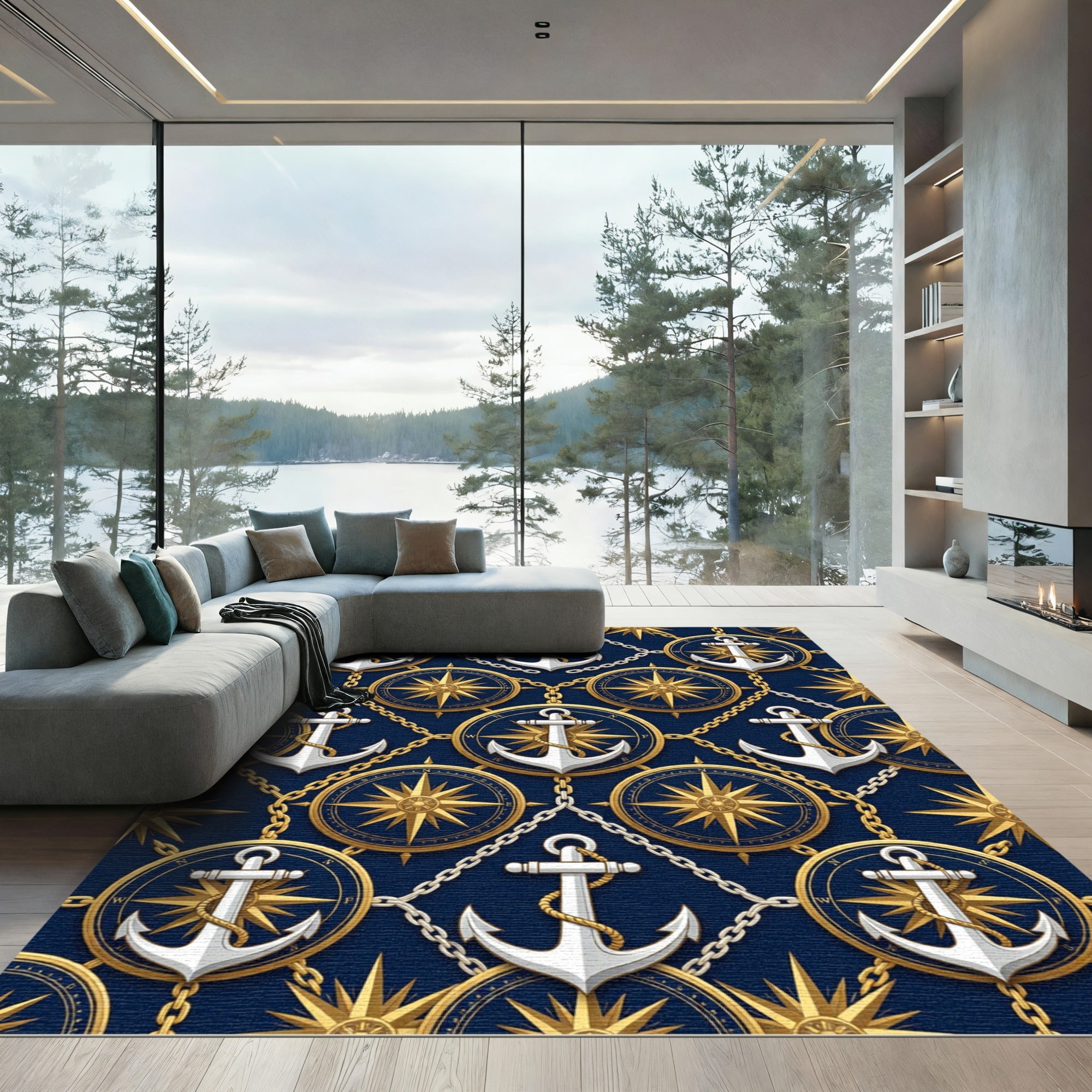 Nautical Anchor Compass Chain Emblem Rug