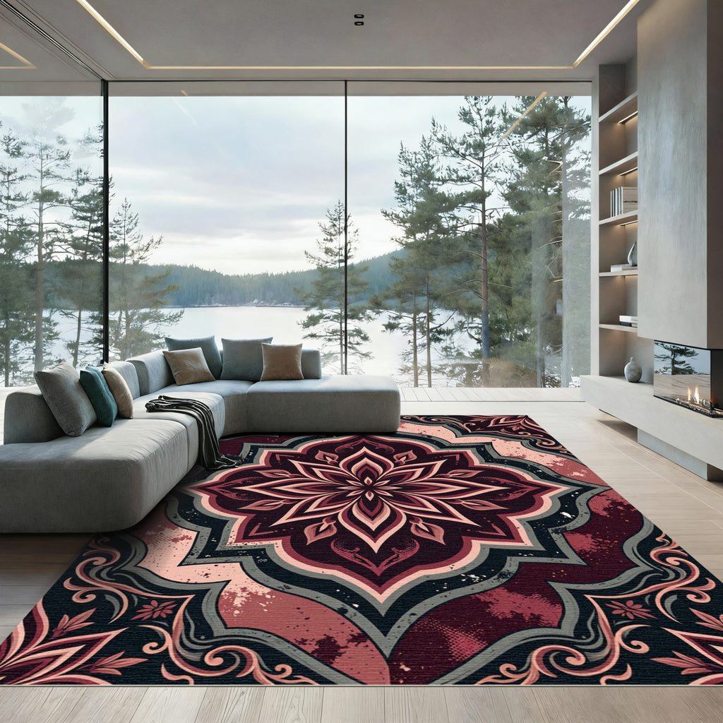 Ornate Crimson Floral Damask Mandala Rug