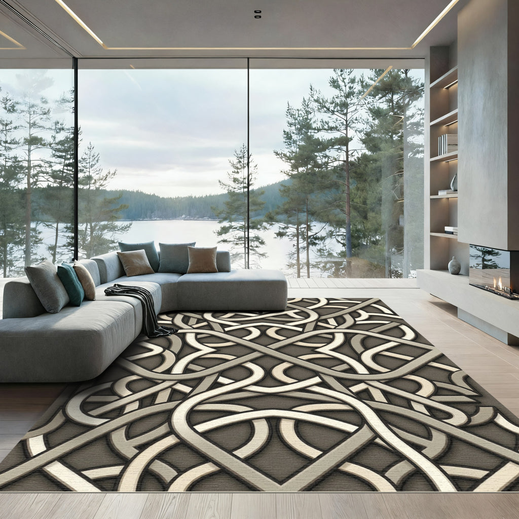 Interlocking Taupe Geometric Lattice Weave Rug