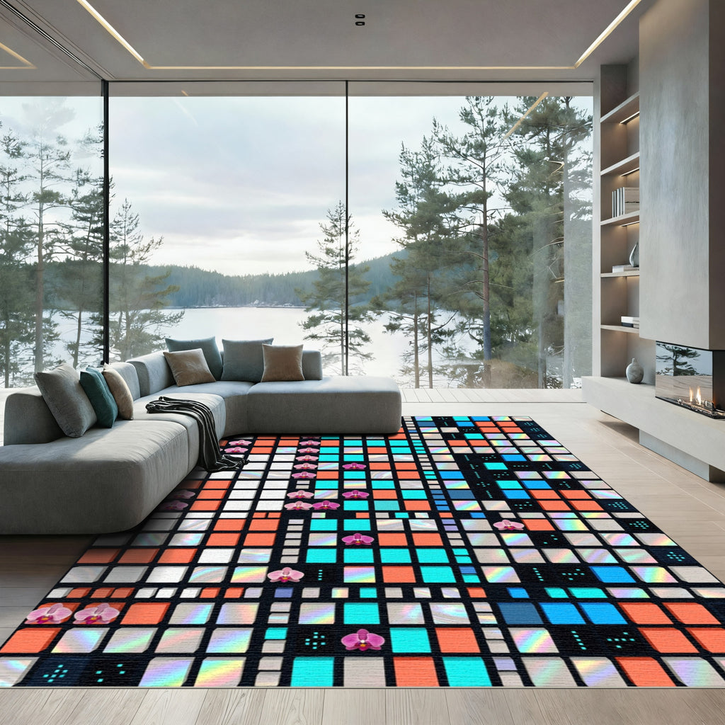 Vibrant Orchid Pixel Art Geometric Grid Rug
