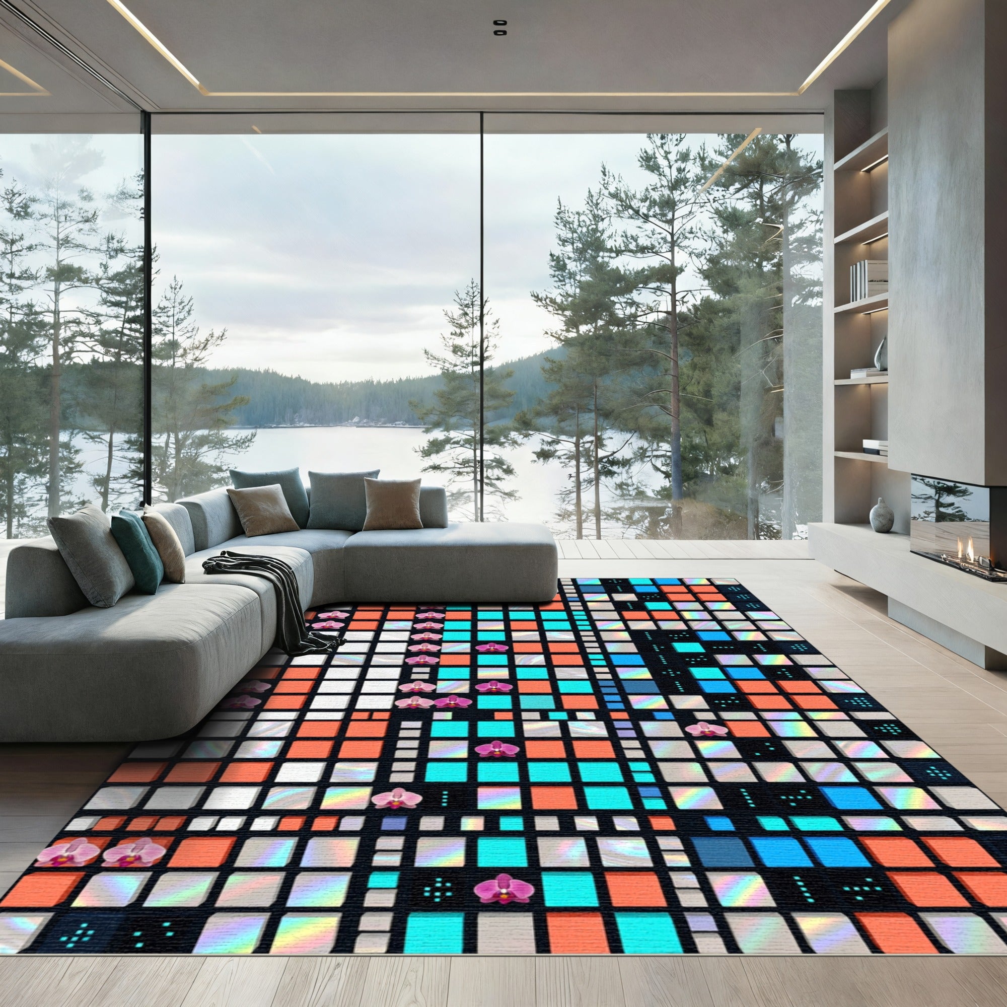 Vibrant Orchid Pixel Art Geometric Grid Rug