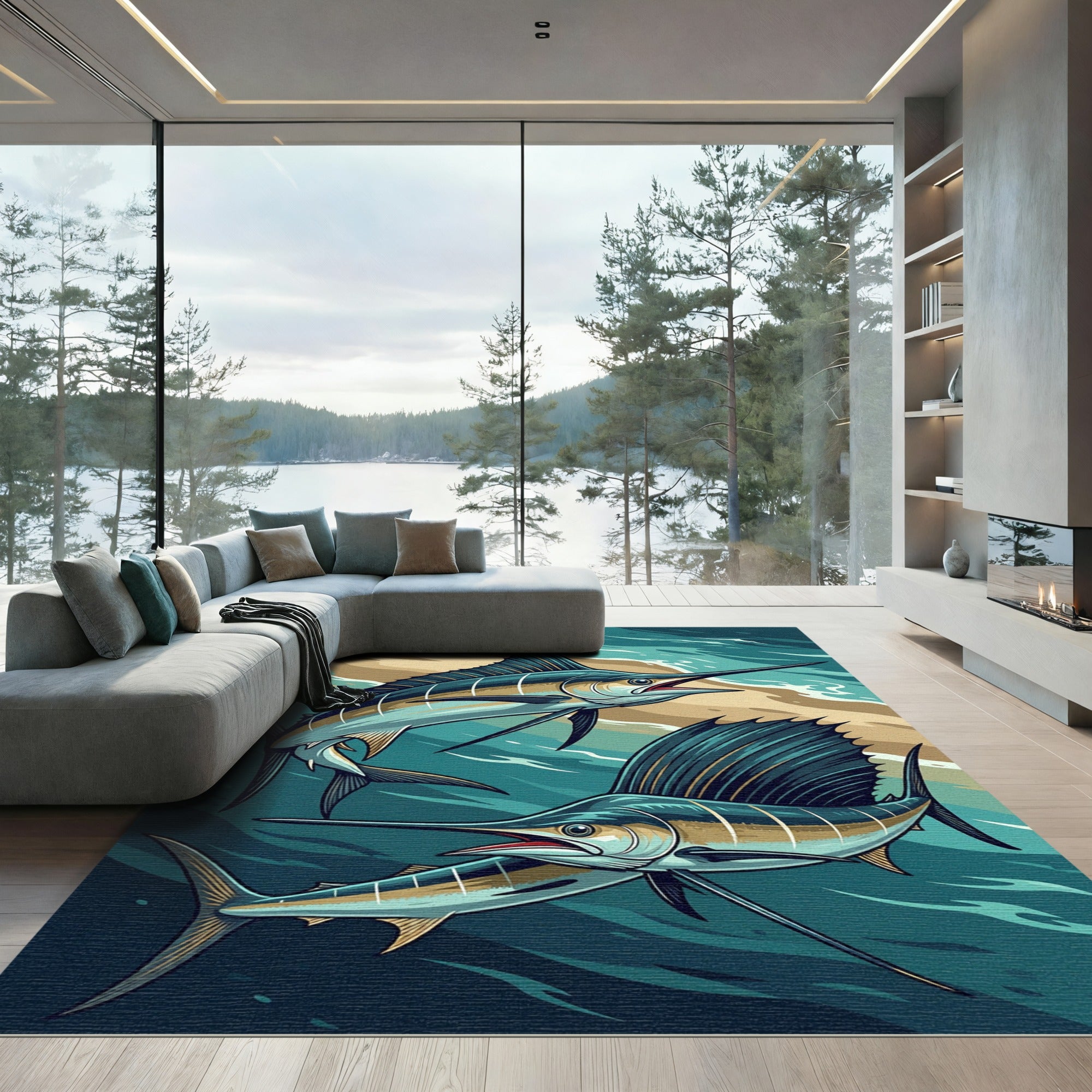 Dynamic Marine Blue Sailfish Ocean Art Rug