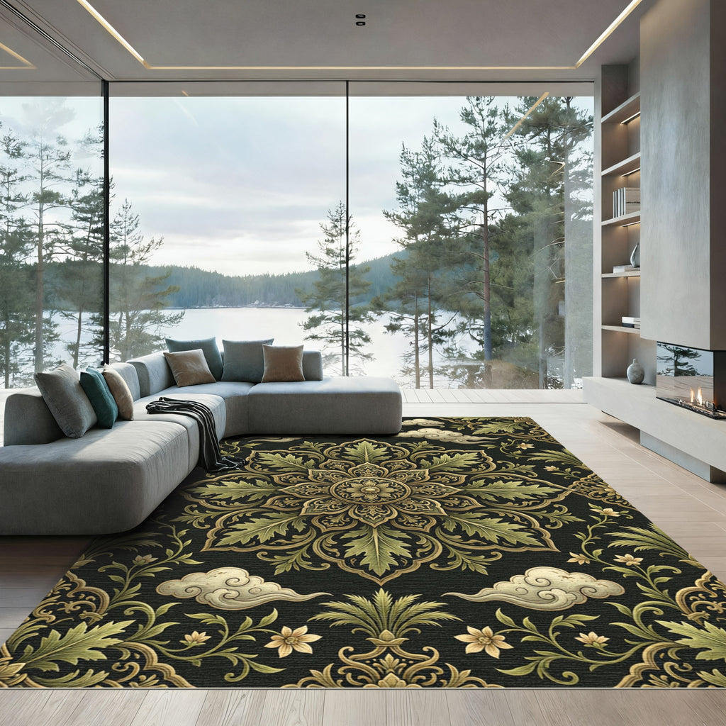 Ornate Olive Gold Floral Medallion Rug