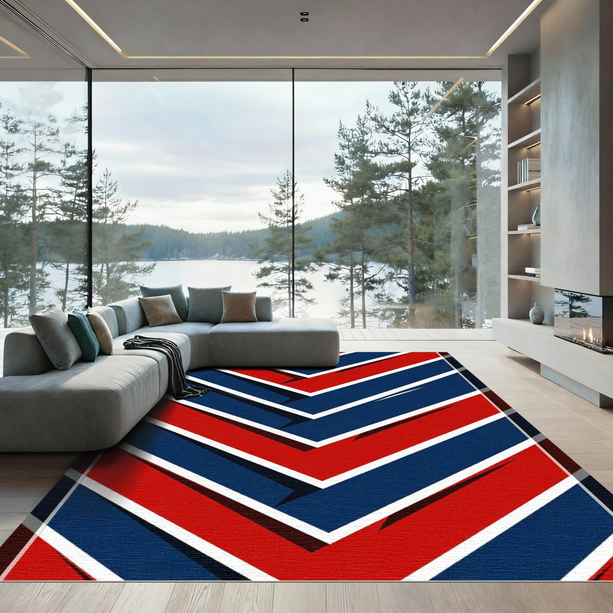 Modern Navy and Red Chevron Stripe Rug