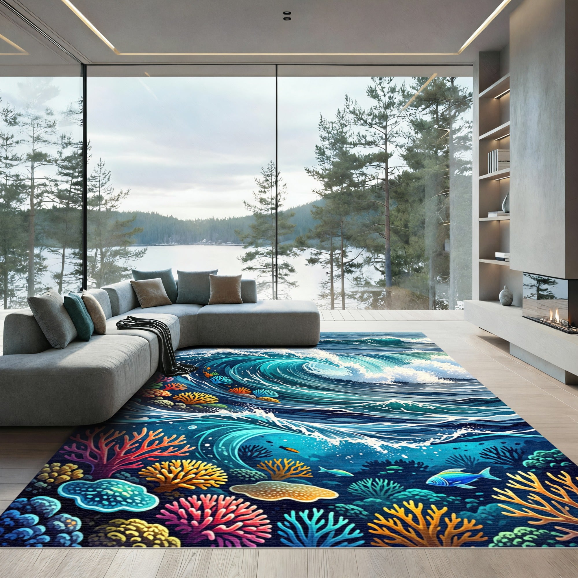 Vibrant Aquatic Coral Wave Scene Rug