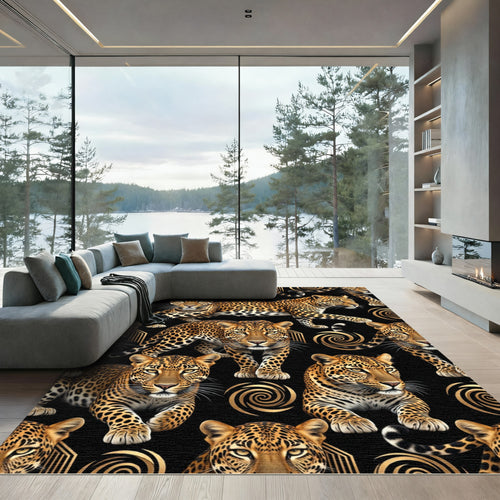 Black Gold Leopard Swirl Contemporary Rug