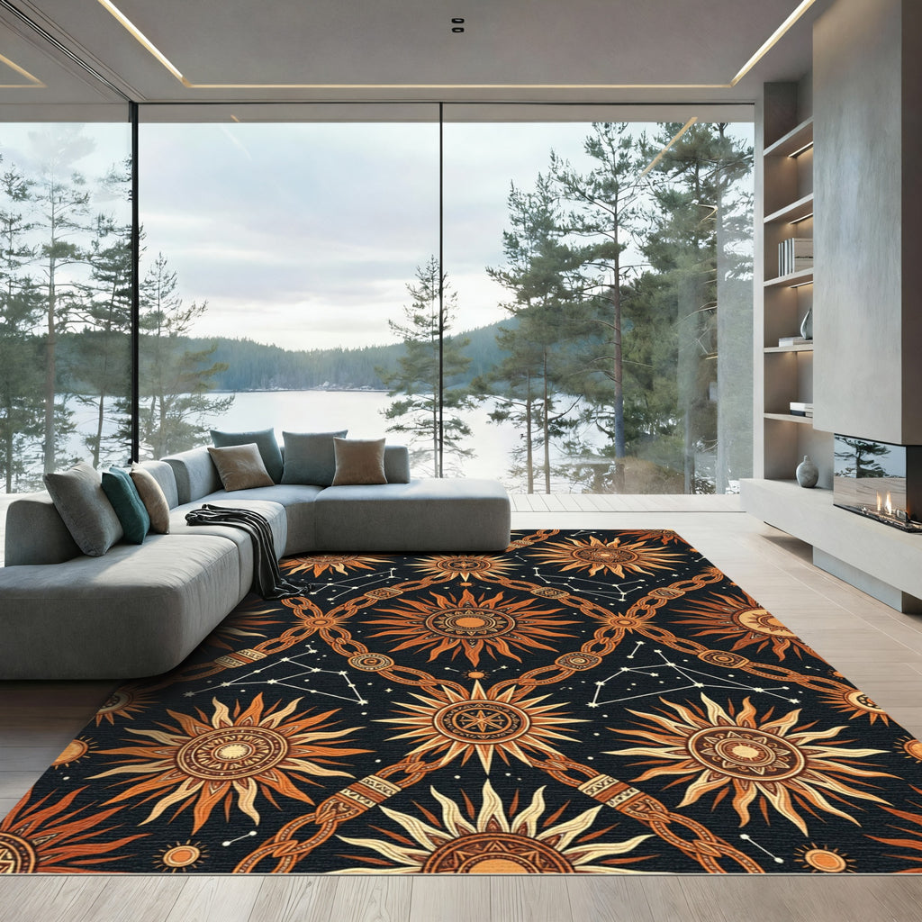 Celestial Sun Constellation Amber Black Tapestry Rug