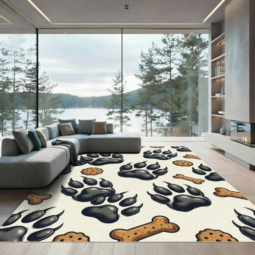 Black Paw Print Bone Biscuit Illustration Rug