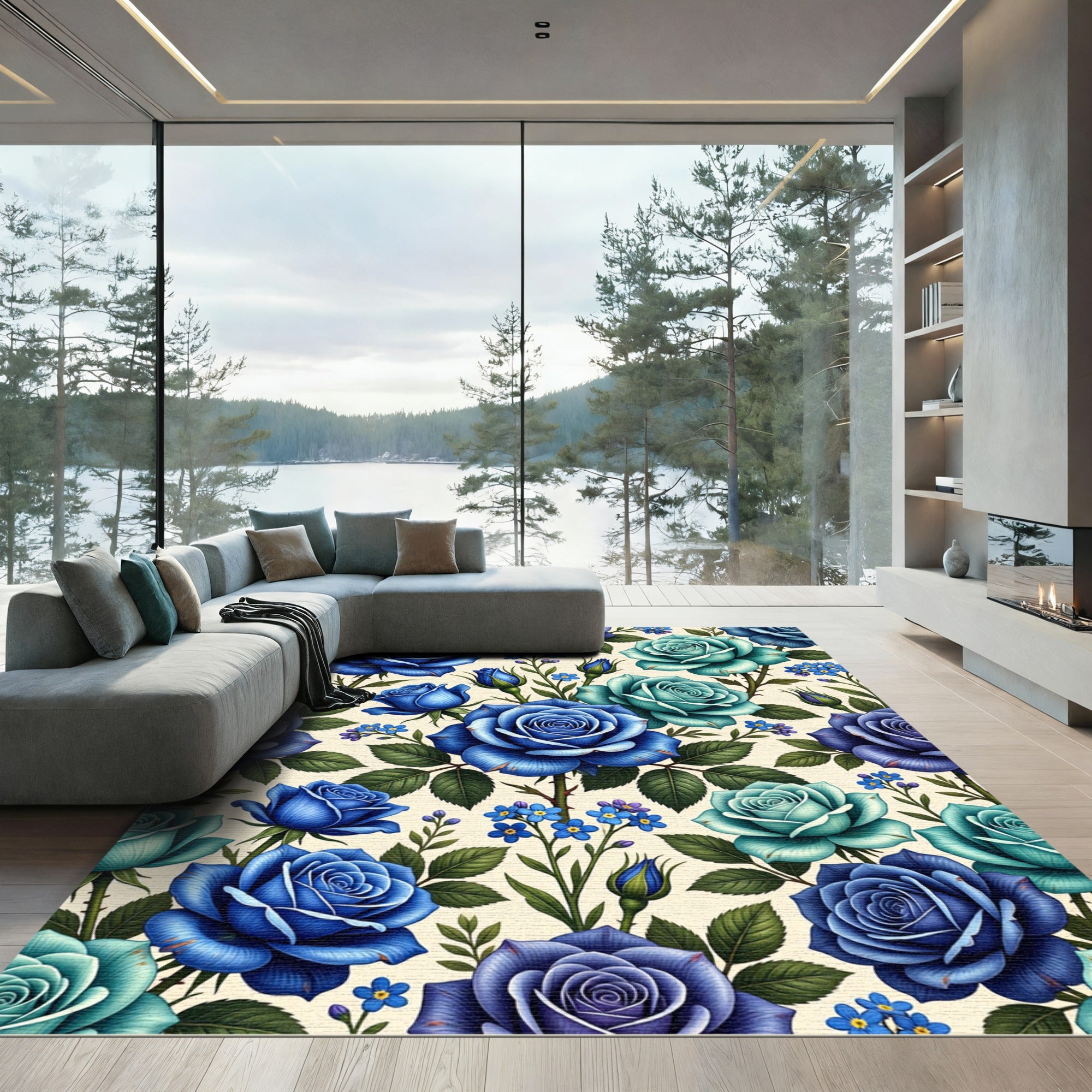 Elegant Blue Botanical Rose Garden Rug
