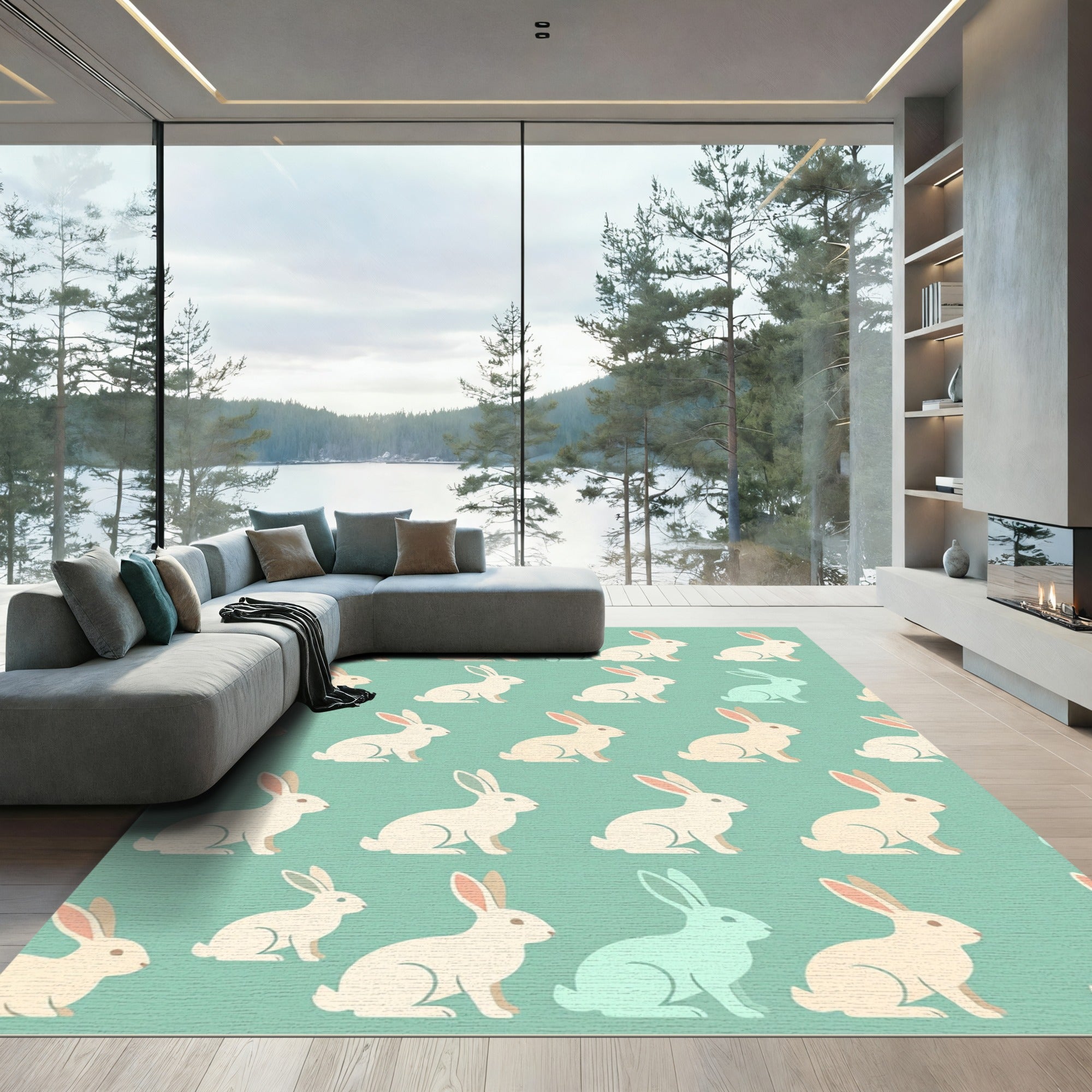Whimsical Mint and Cream Bunny Rabbit Rug