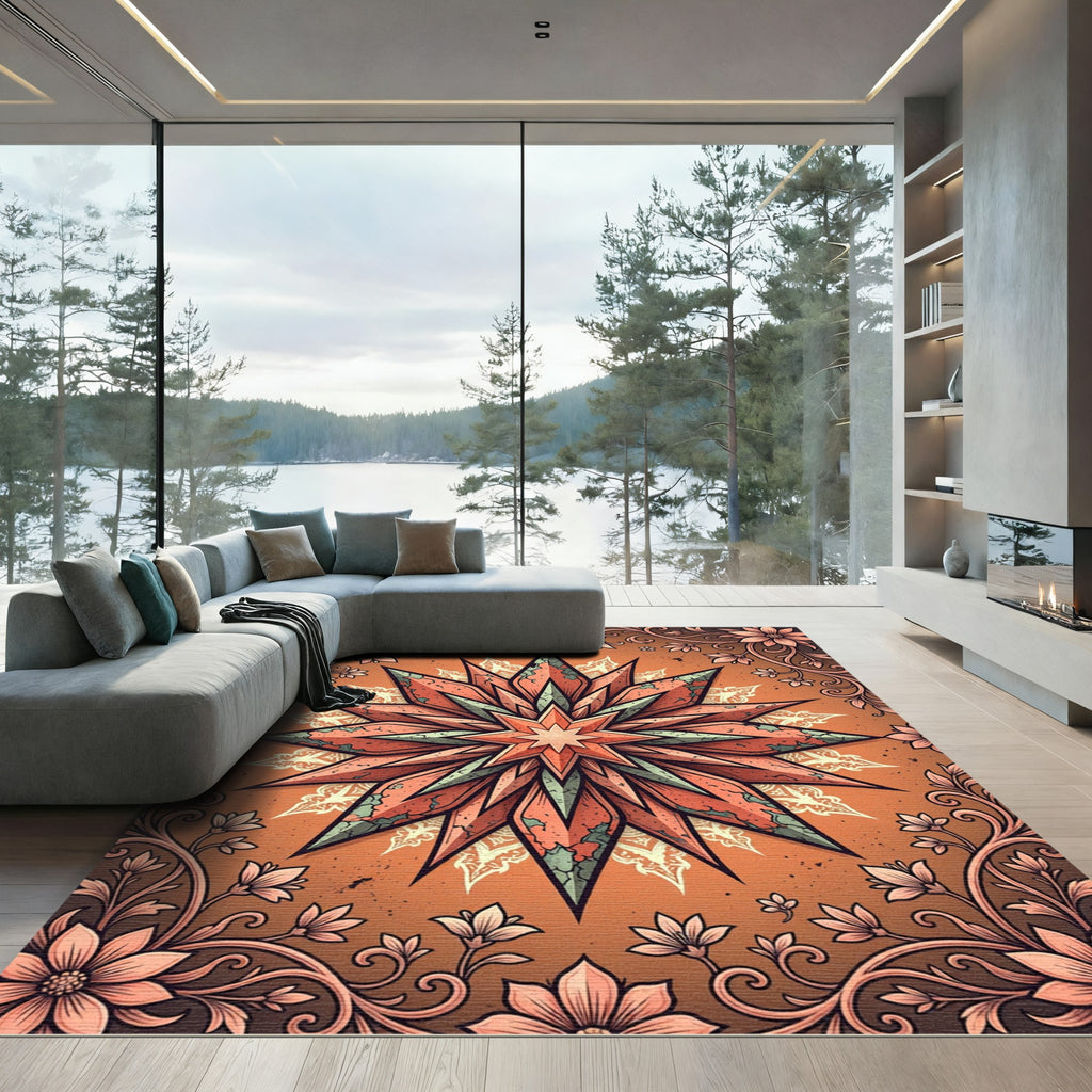 Coral Starburst Floral Ornamental Rug