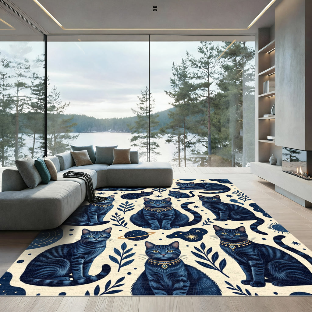 Celestial Navy Cat and Planet Arrangement Rug