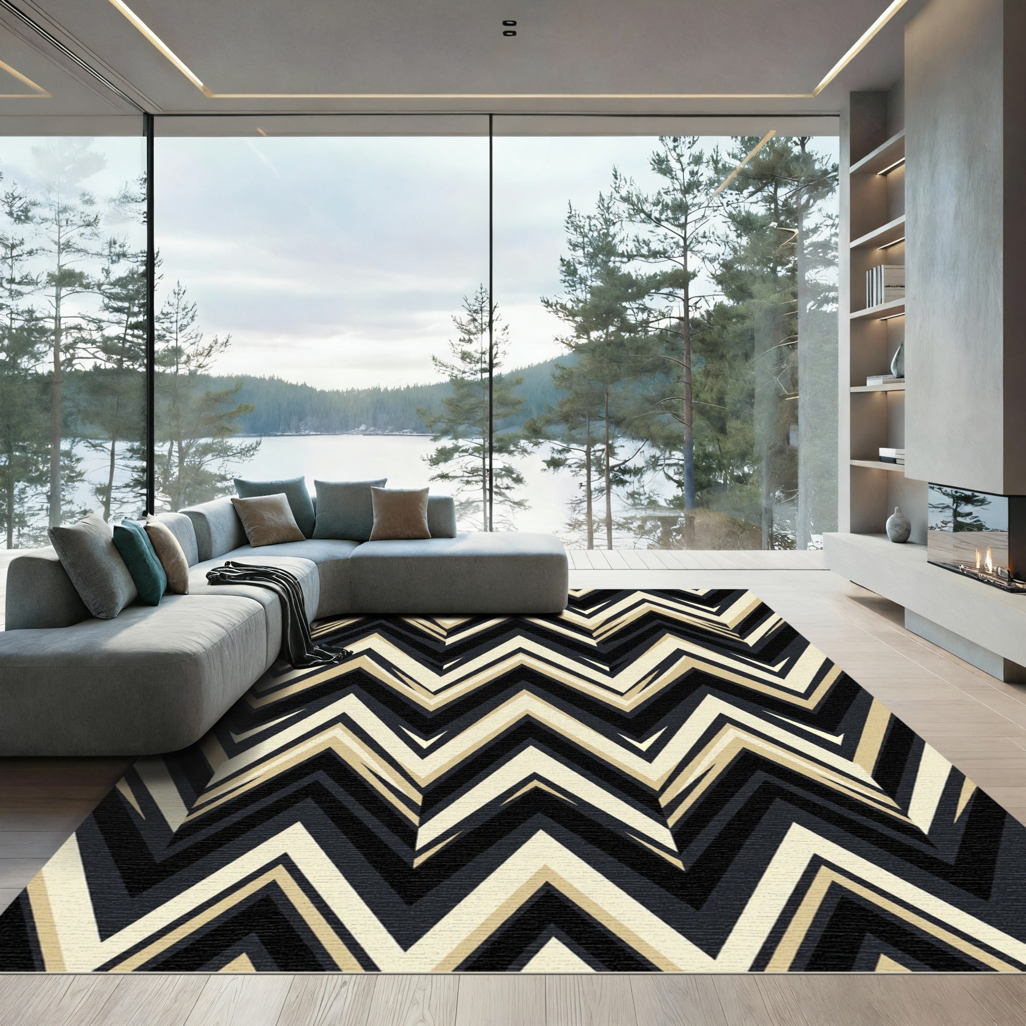 Bold Black Cream Chevron Stripes Rug