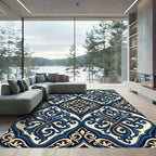 Elegant Navy and Cream Scrollwork Rug