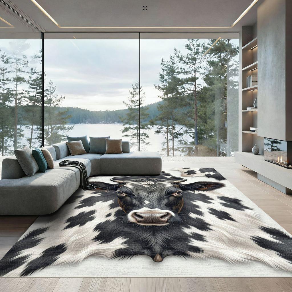 Realistic Monochrome Black and White Cowhide Rug