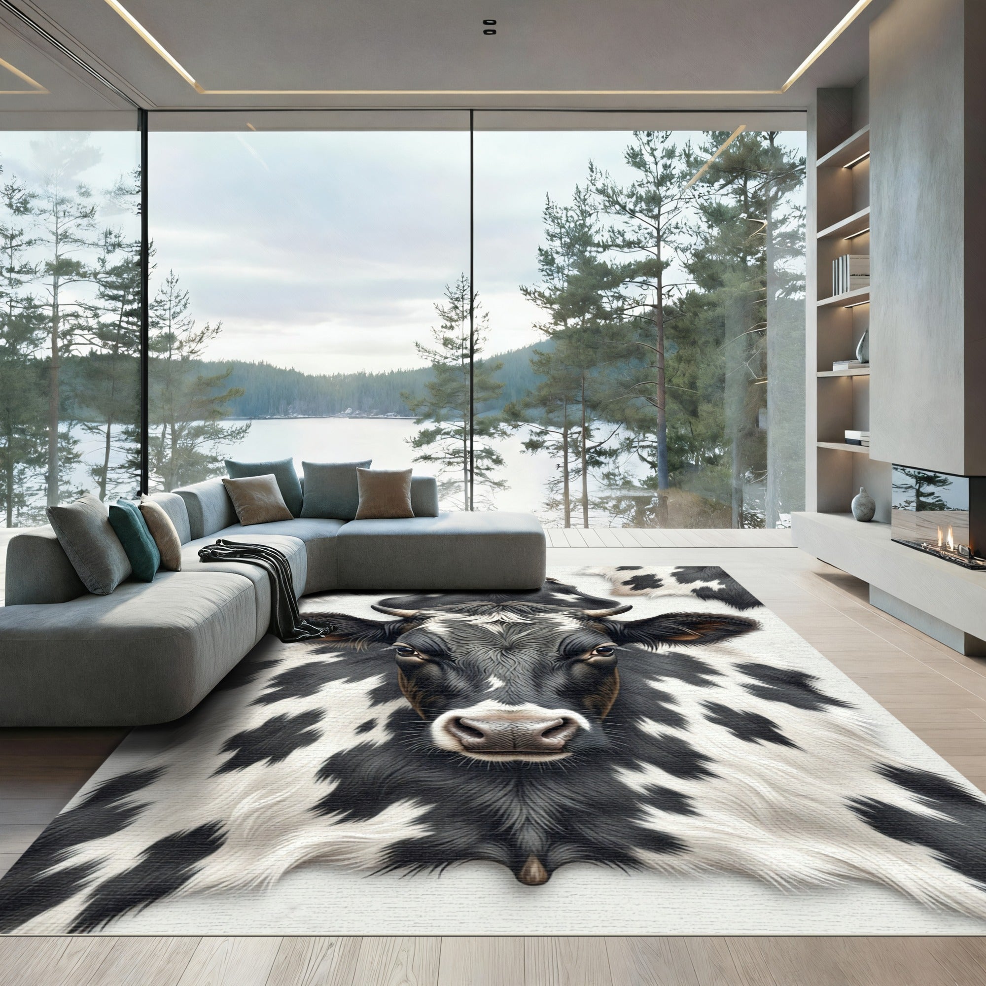 Realistic Monochrome Black and White Cowhide Rug