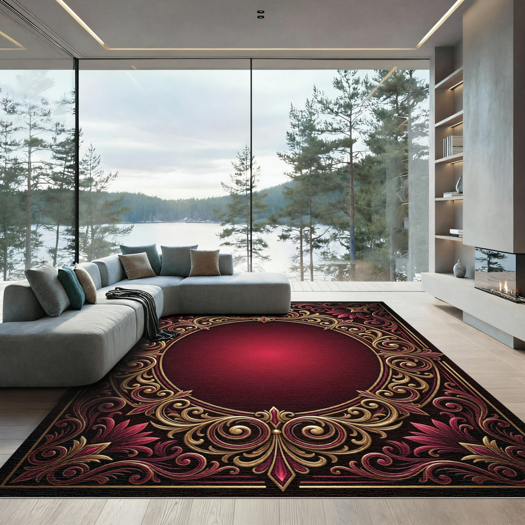 Luxurious Crimson Gold Filigree Medallion Rug