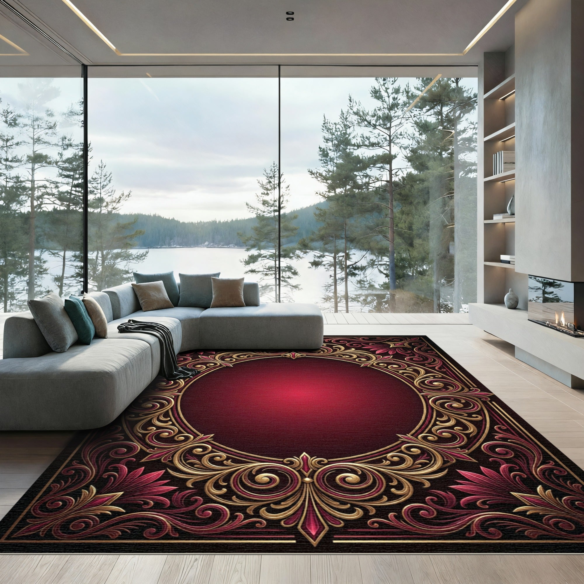 Luxurious Crimson Gold Filigree Medallion Rug