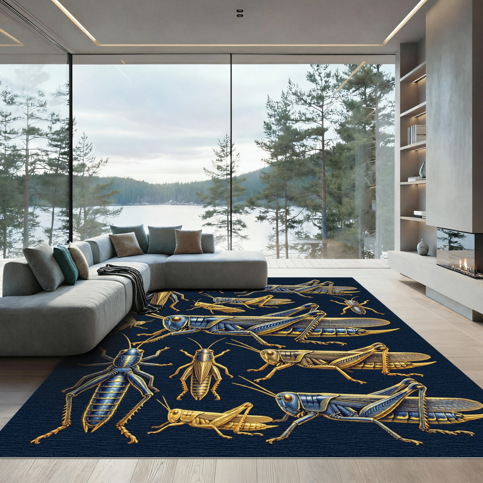 Golden Grasshopper Entomology Illustration Art Rug