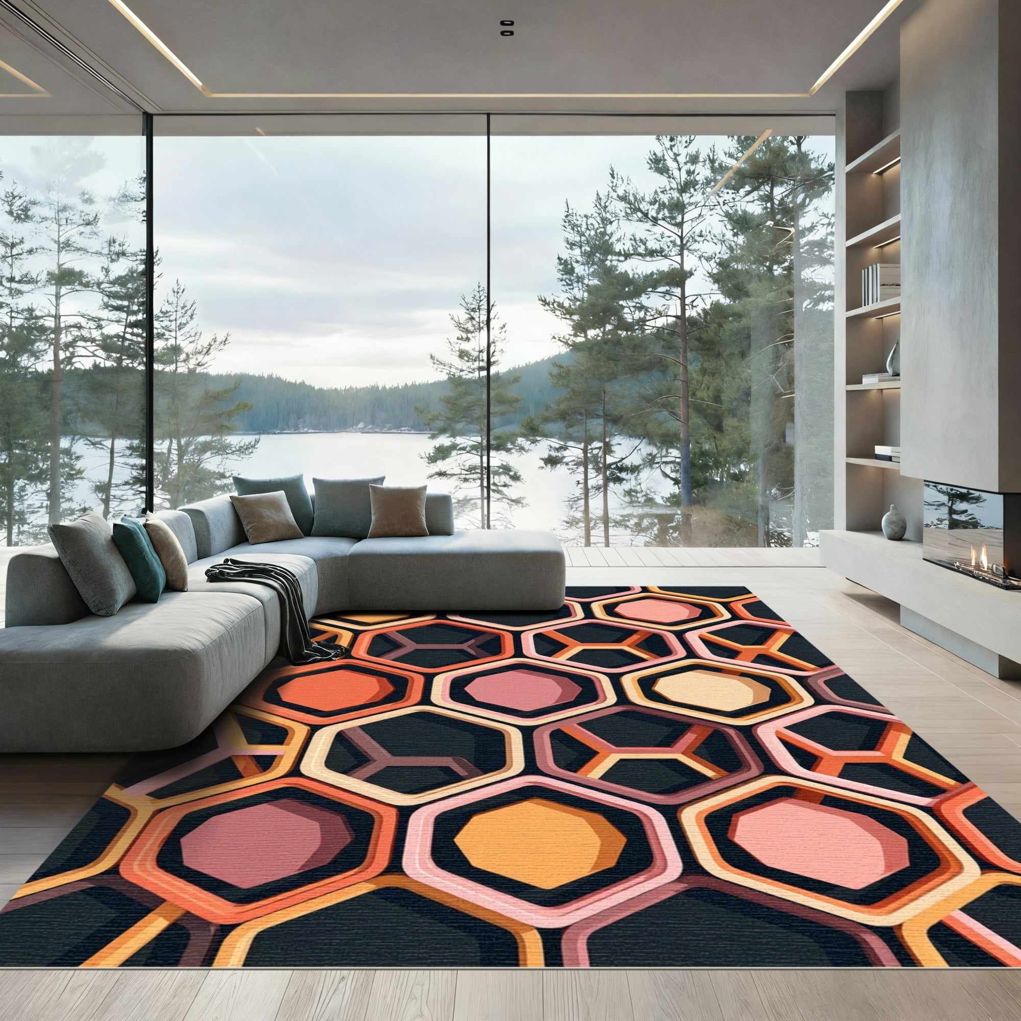 Warm Geometric Hexagon Nest Rug