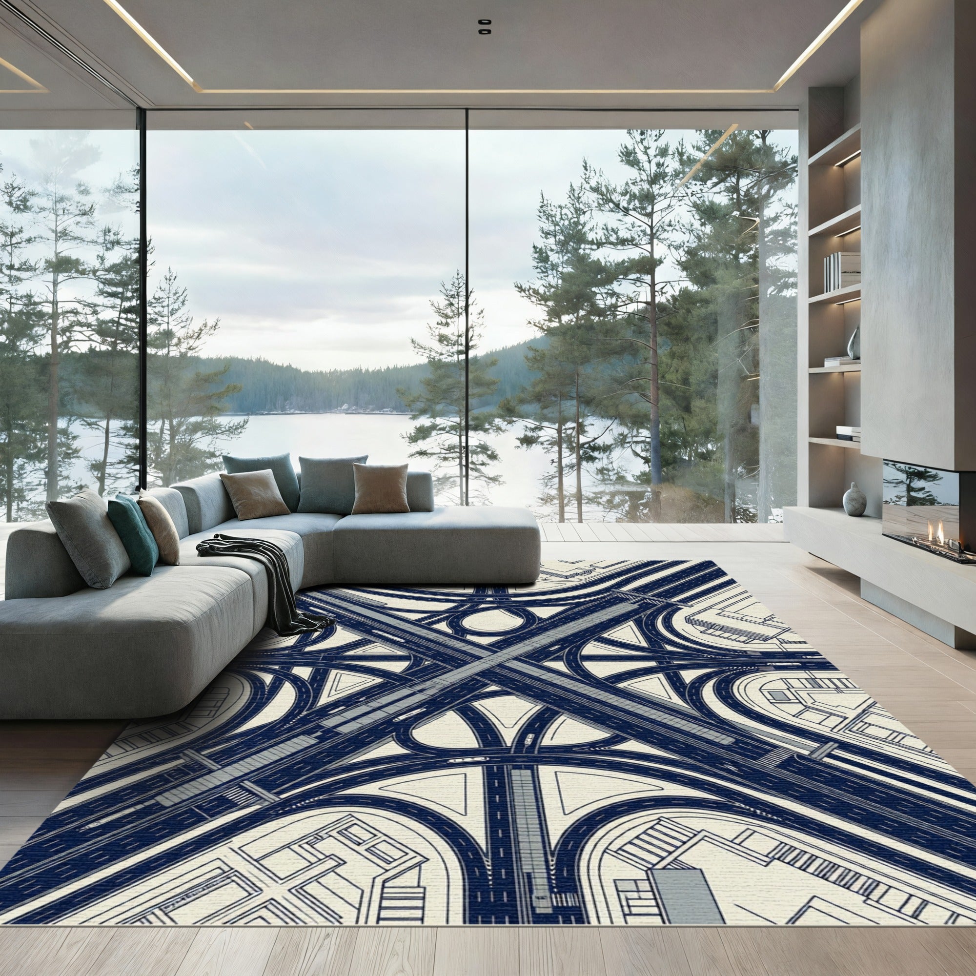 Modern Navy Highway Interchange Blueprint Rug