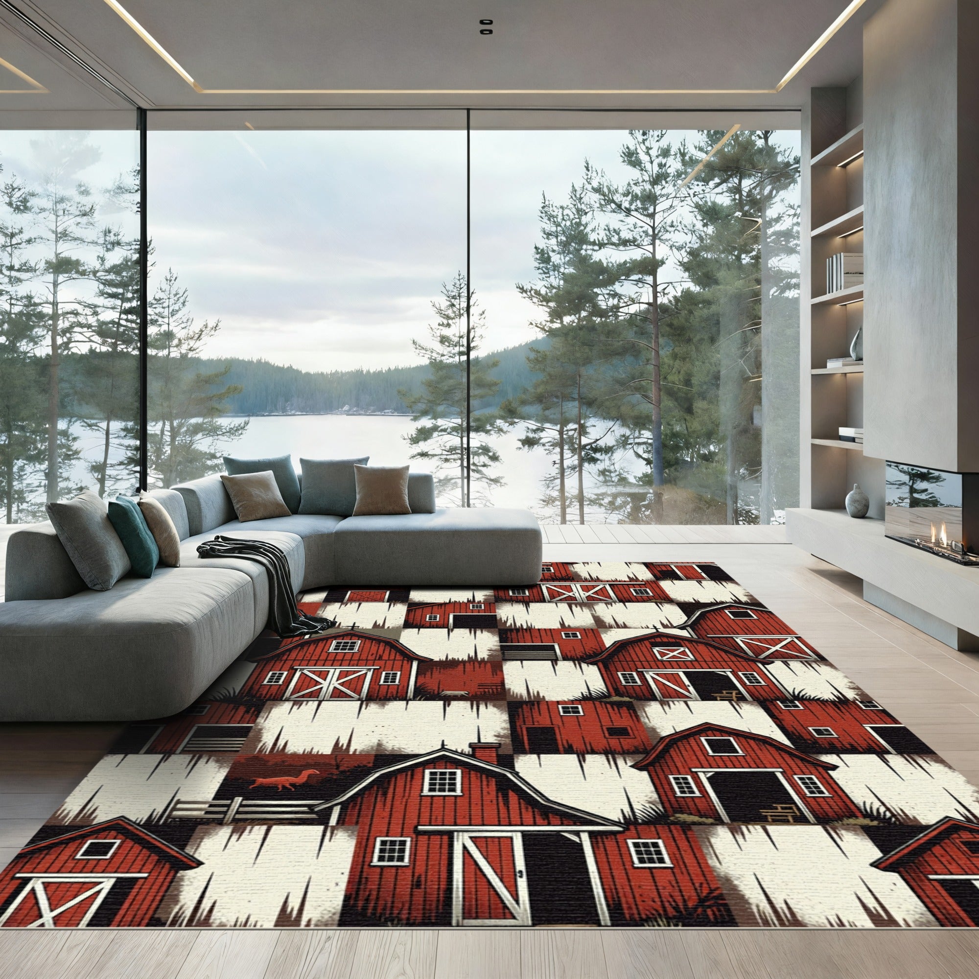 Red Farmhouse Barn Scattered Collage Rug