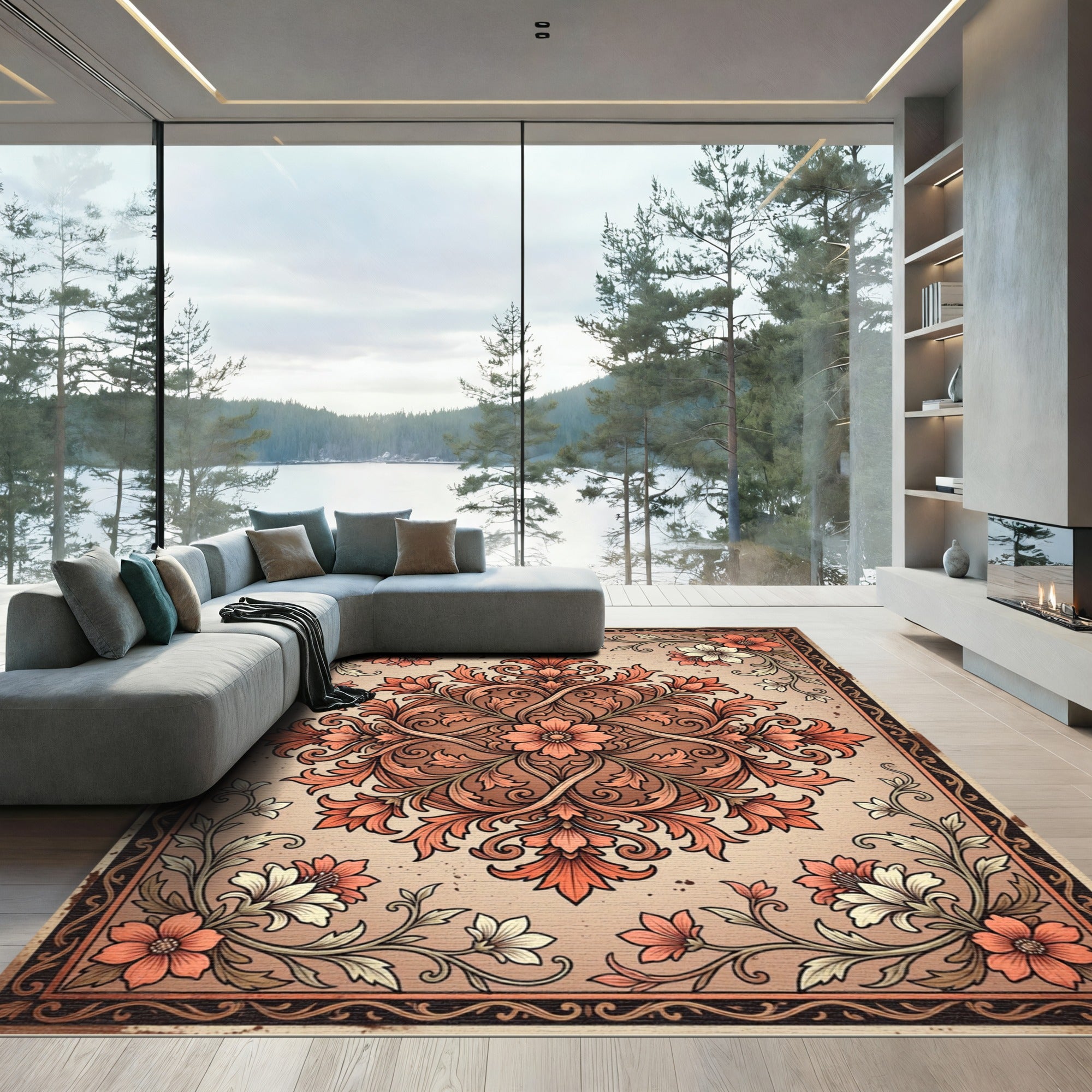 Coral Floral Medallion Scrollwork Rug