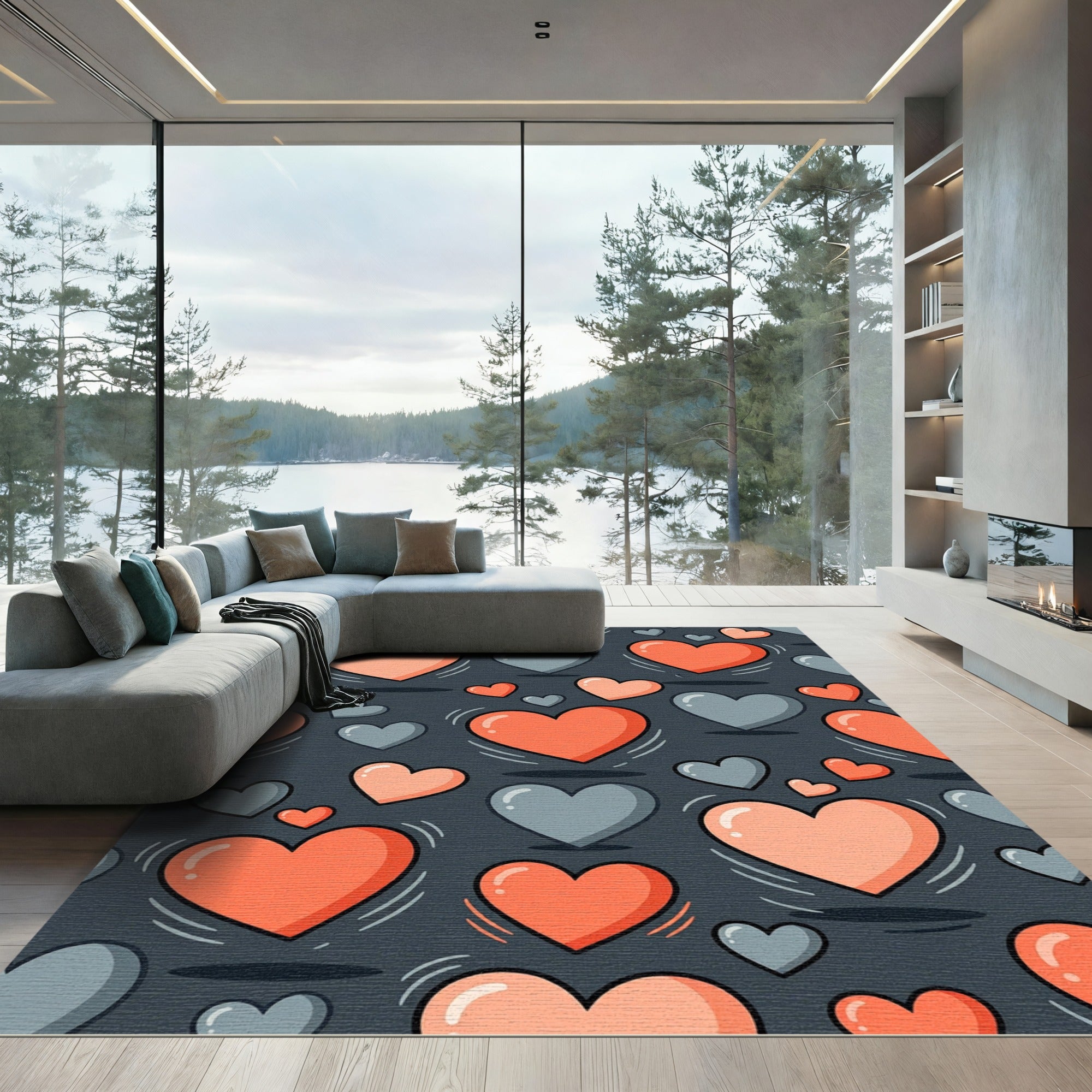 Playful Coral and Slate Heart Art Rug