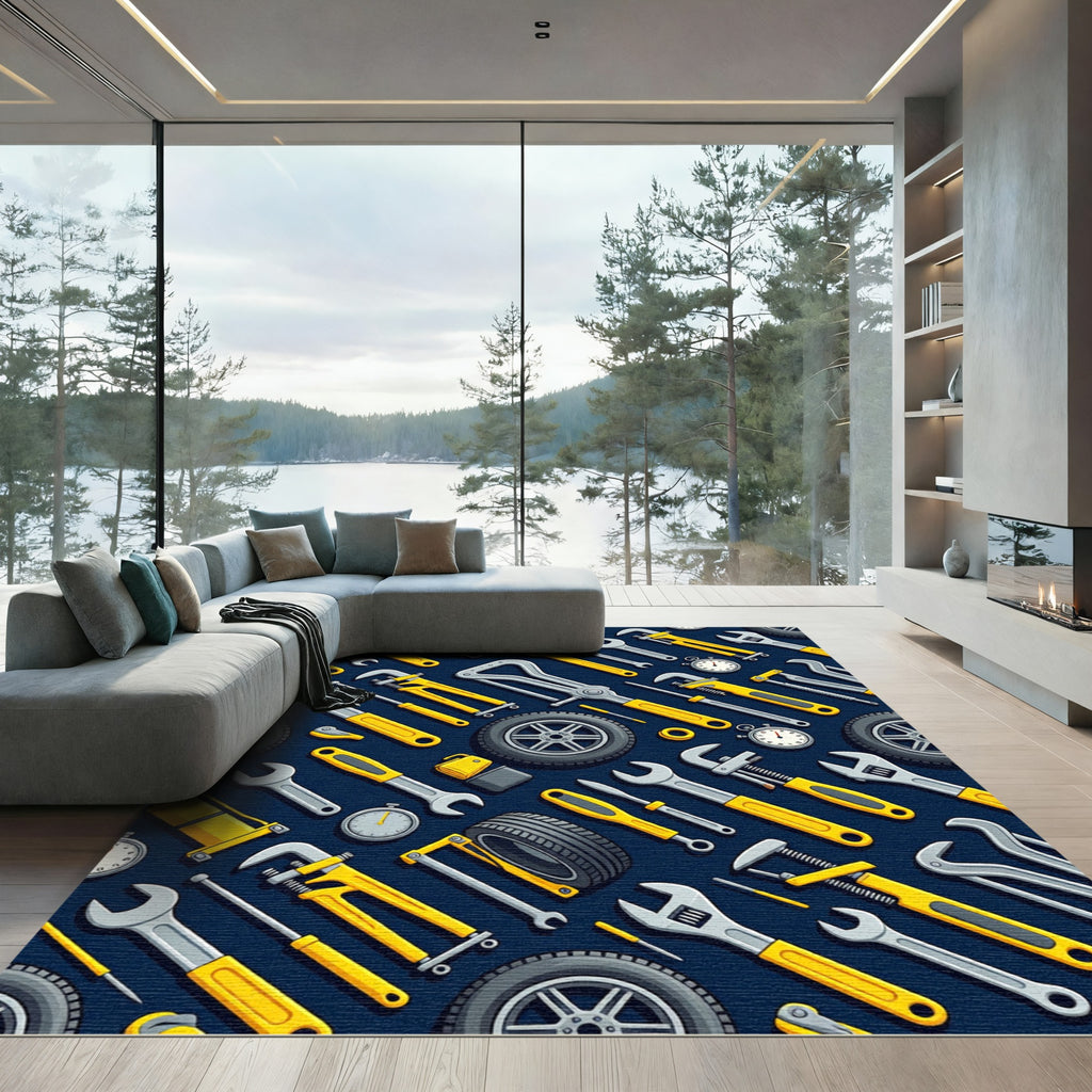 Mechanic Tool Yellow Automotive Gear Art Rug