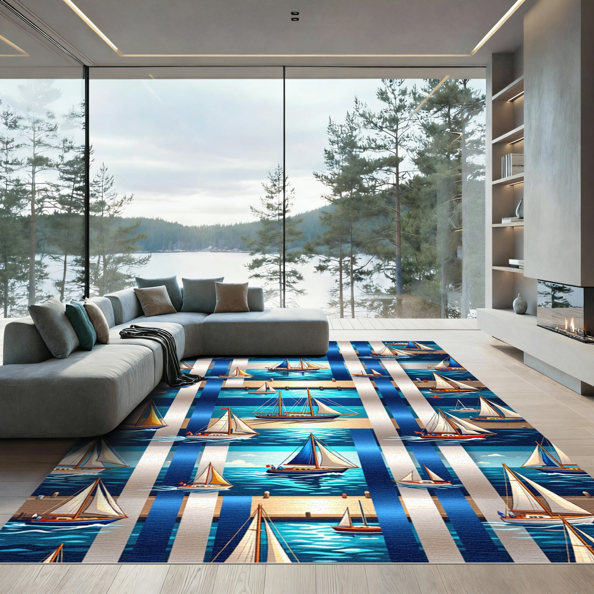 Nautical Sailboat Plaid Marina Stripe Rug