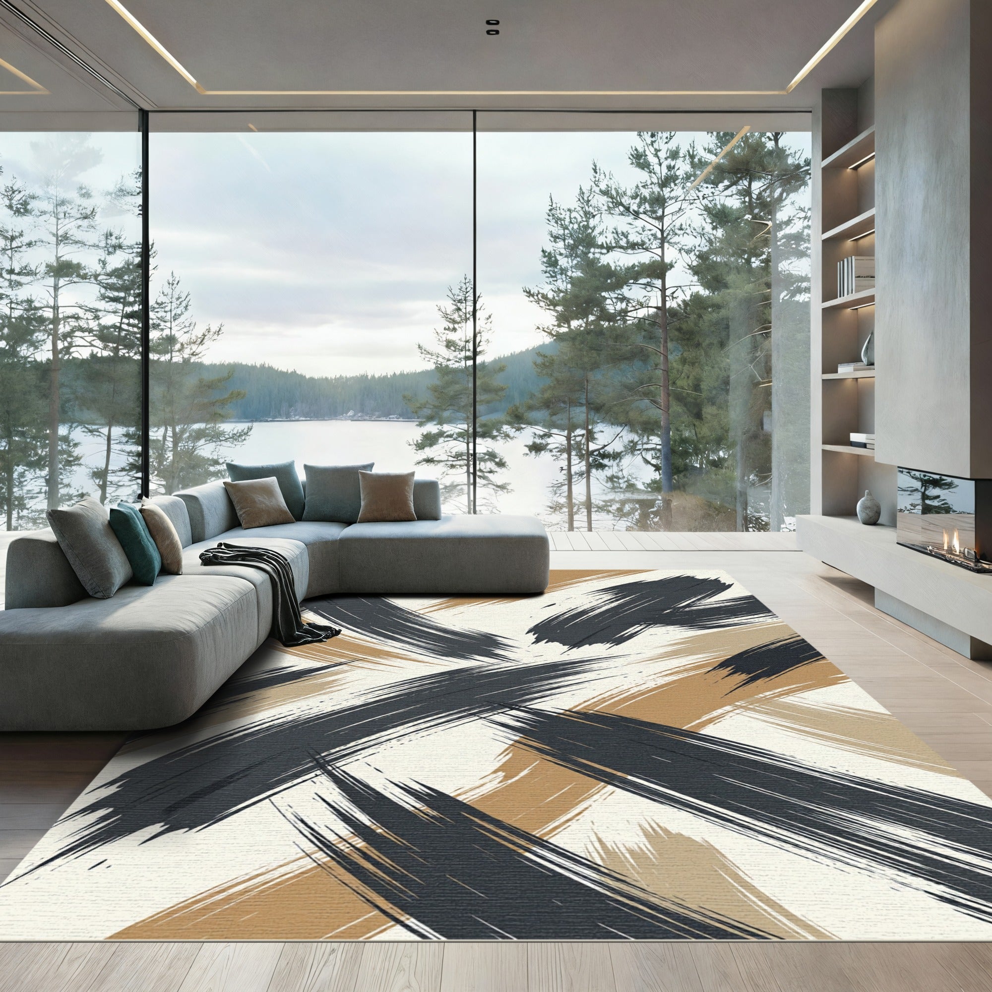 Modern Charcoal and Ochre Abstract Brushstroke Rug