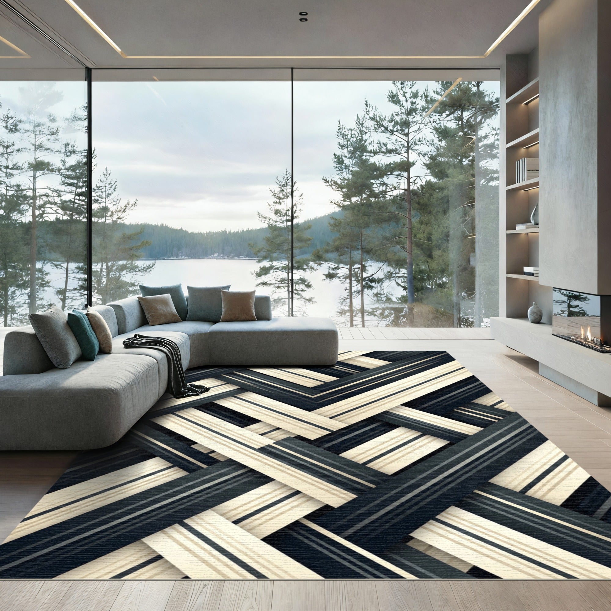 Deep Grey Woven Stripe Texture Rug