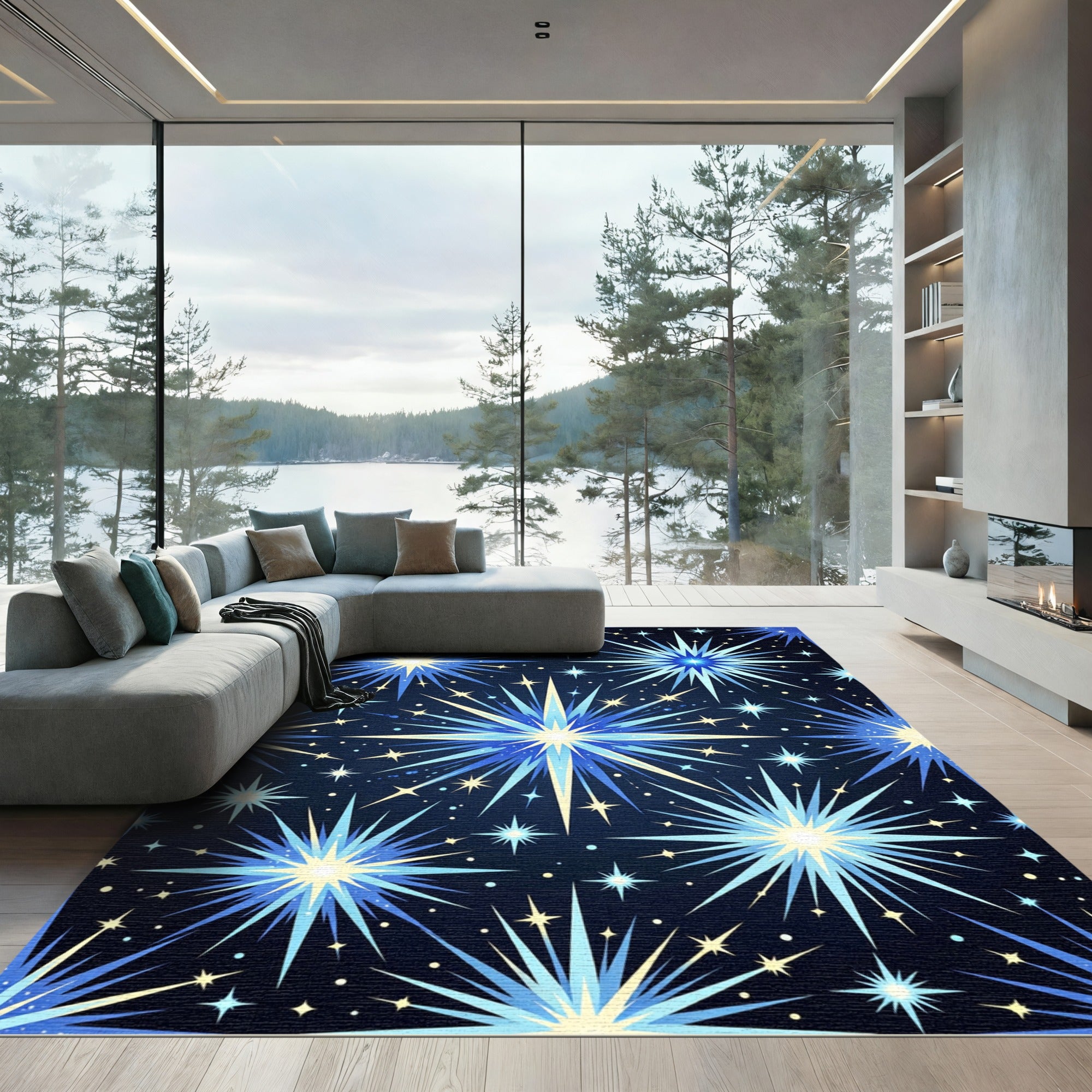 Radiant Blue Starburst Explosion Rug