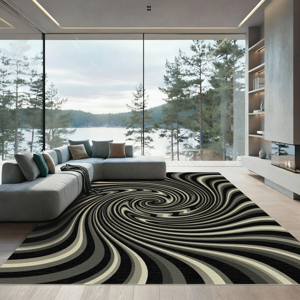 Monochromatic Swirl Optical Illusion Rug