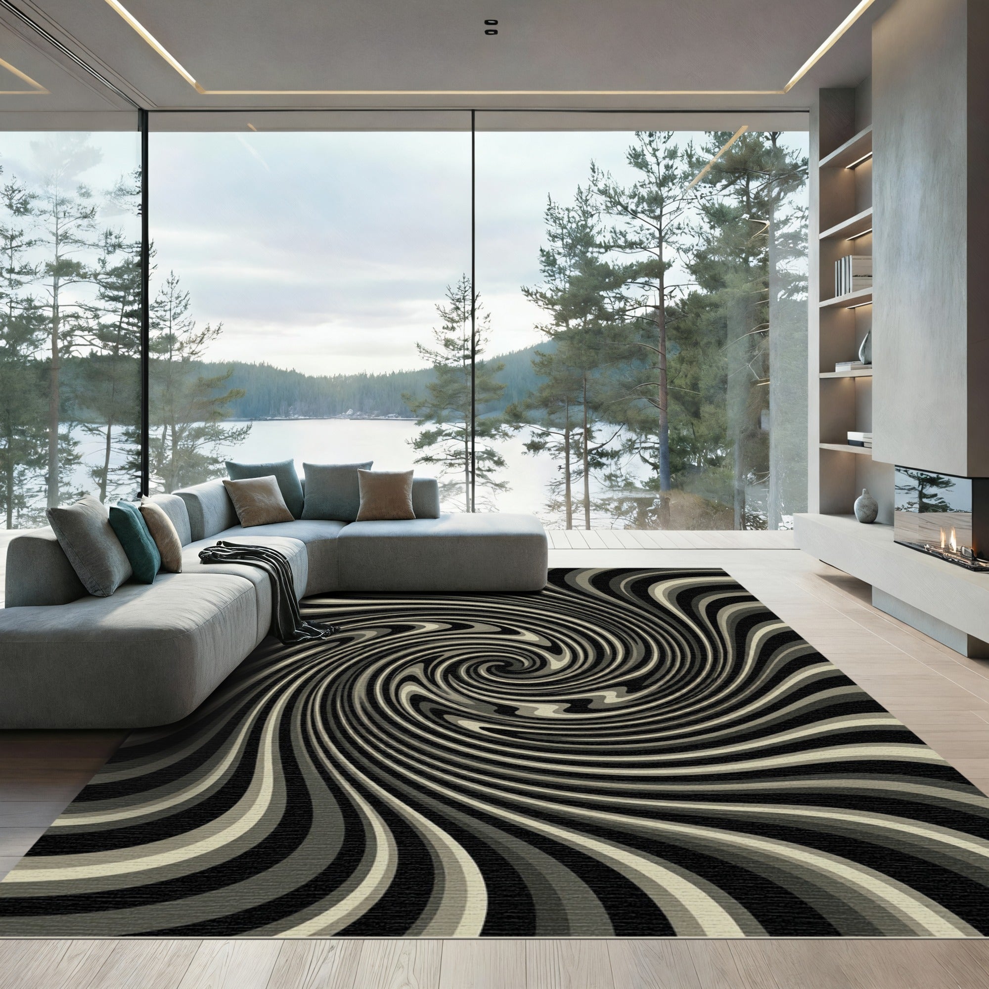 Monochromatic Swirl Optical Illusion Rug