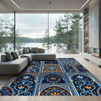 Ornate Indigo Floral Arch Mosaic Rug