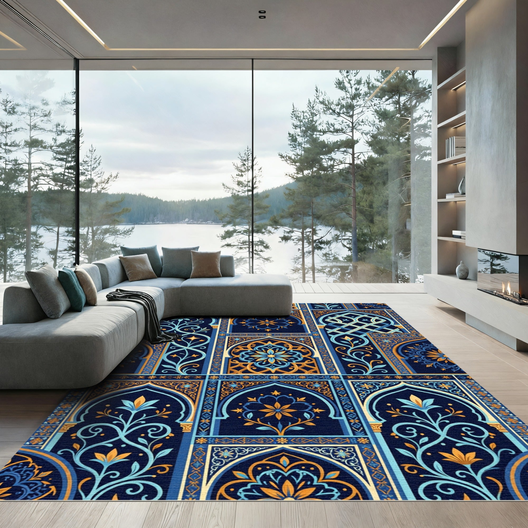 Ornate Indigo Floral Arch Mosaic Rug
