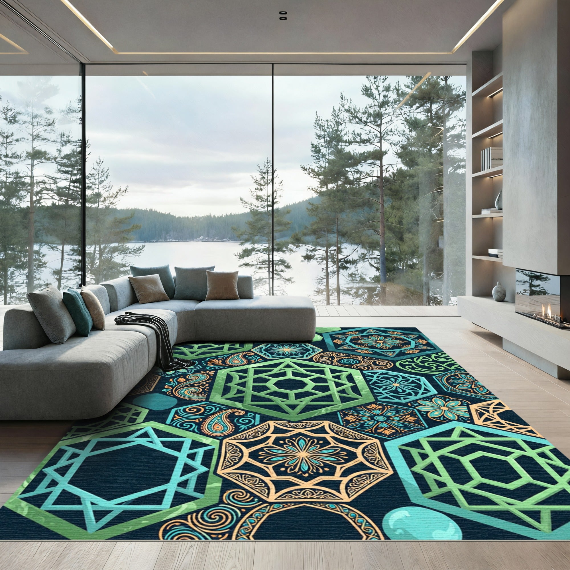 Geometric Hexagon Teal Sage Flower Medallion Rug