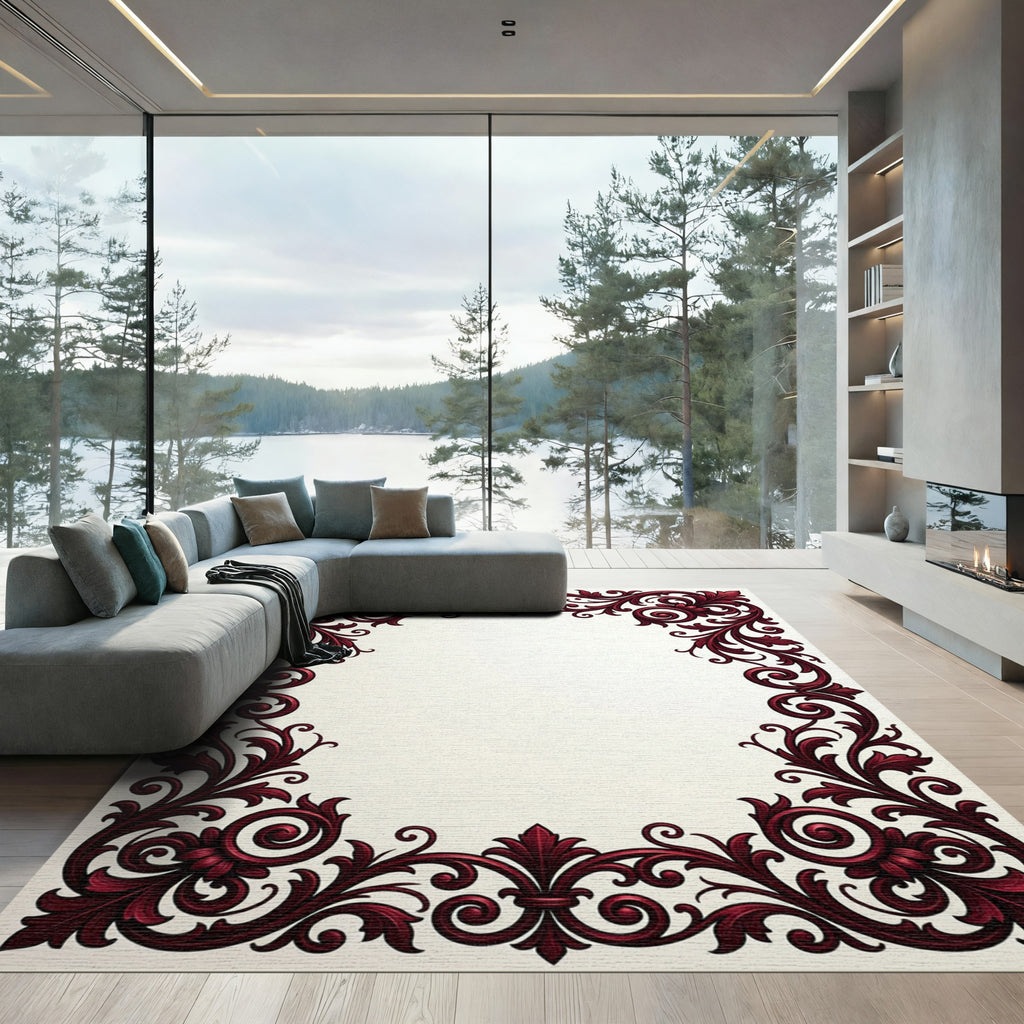 Deep Red Royal Scrollwork Frame Rug