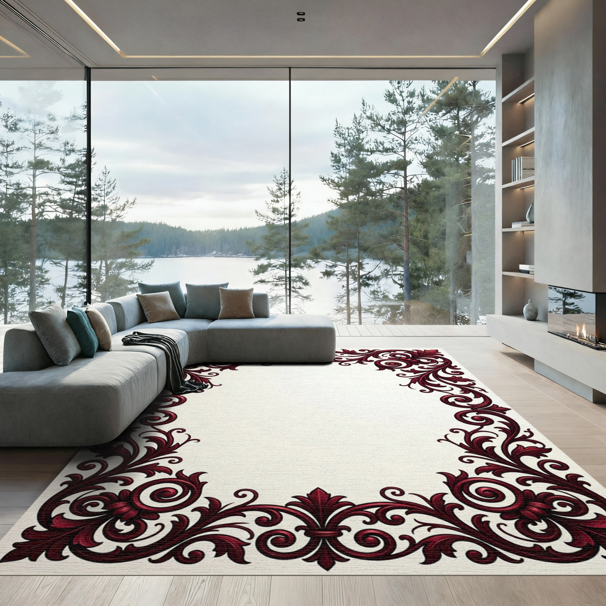 Deep Red Royal Scrollwork Frame Rug