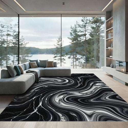 Black White Swirling Marble Vein Rug