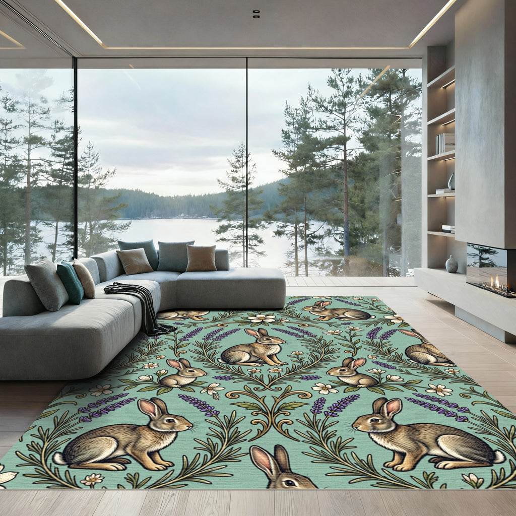 Sage Green Rabbit and Lavender Meadow Rug
