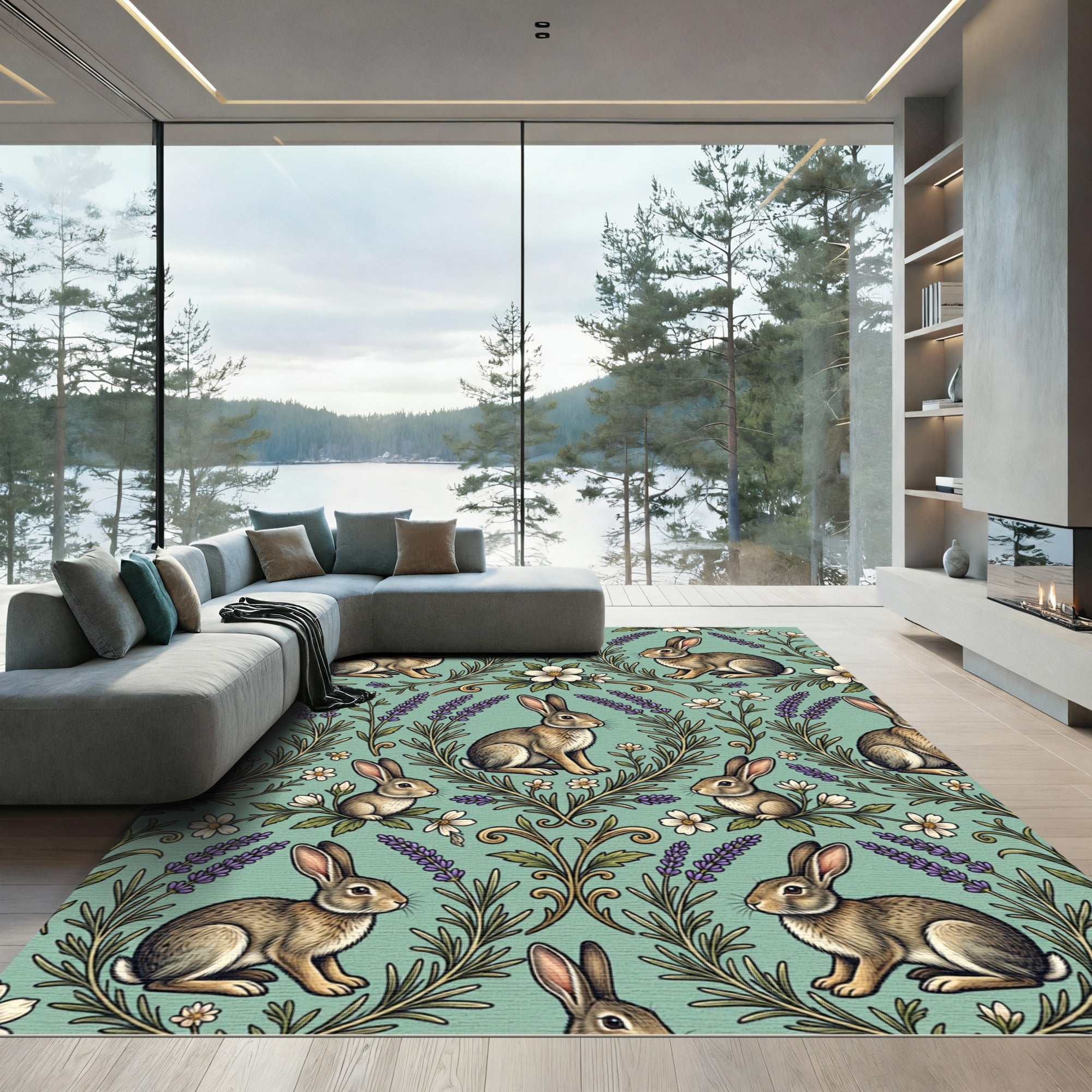 Sage Green Rabbit and Lavender Meadow Rug