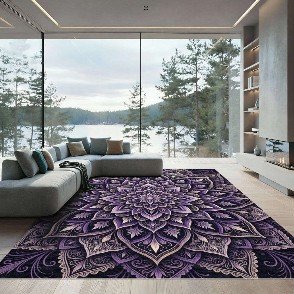 Intricate Violet Floral Mandala Rug