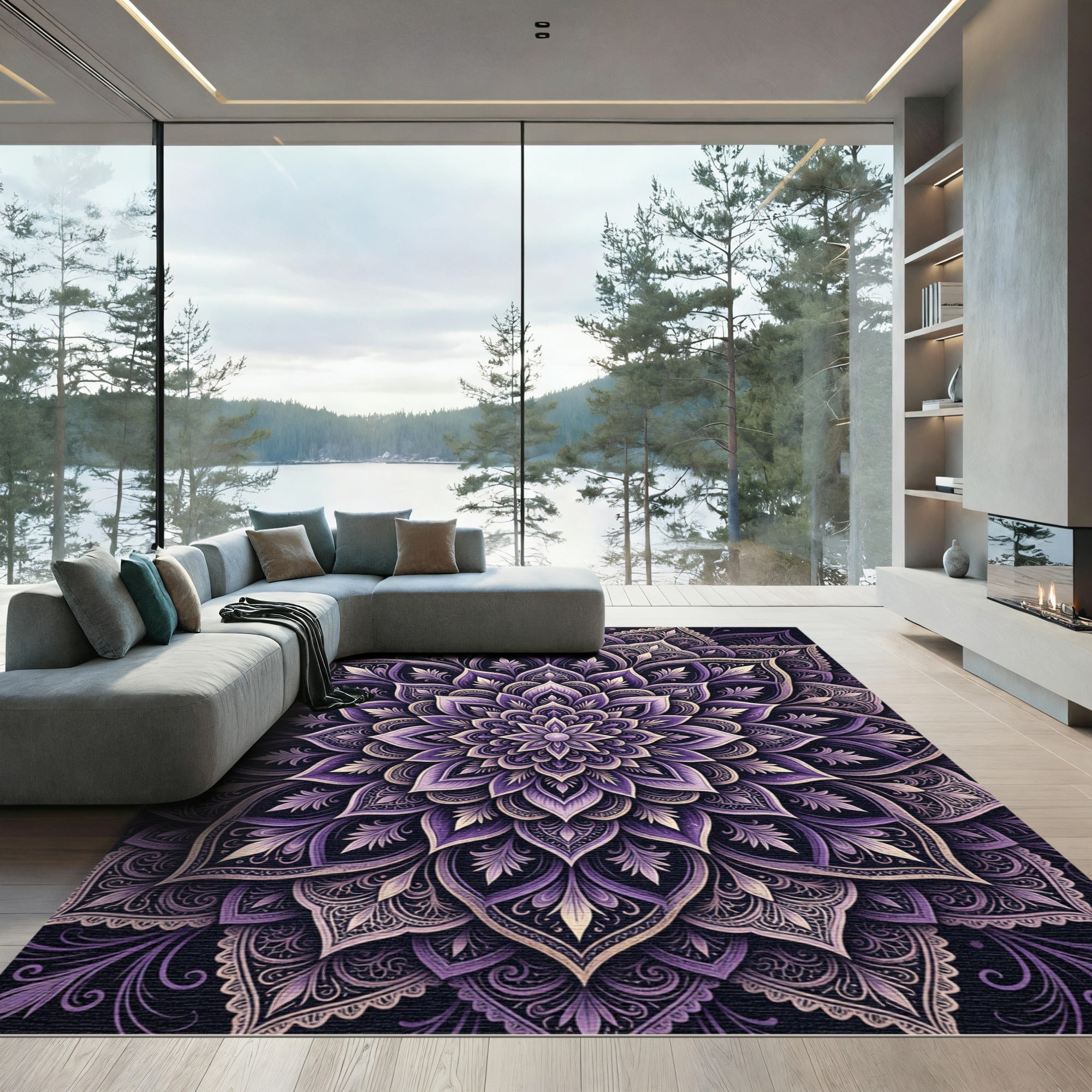 Intricate Violet Floral Mandala Rug