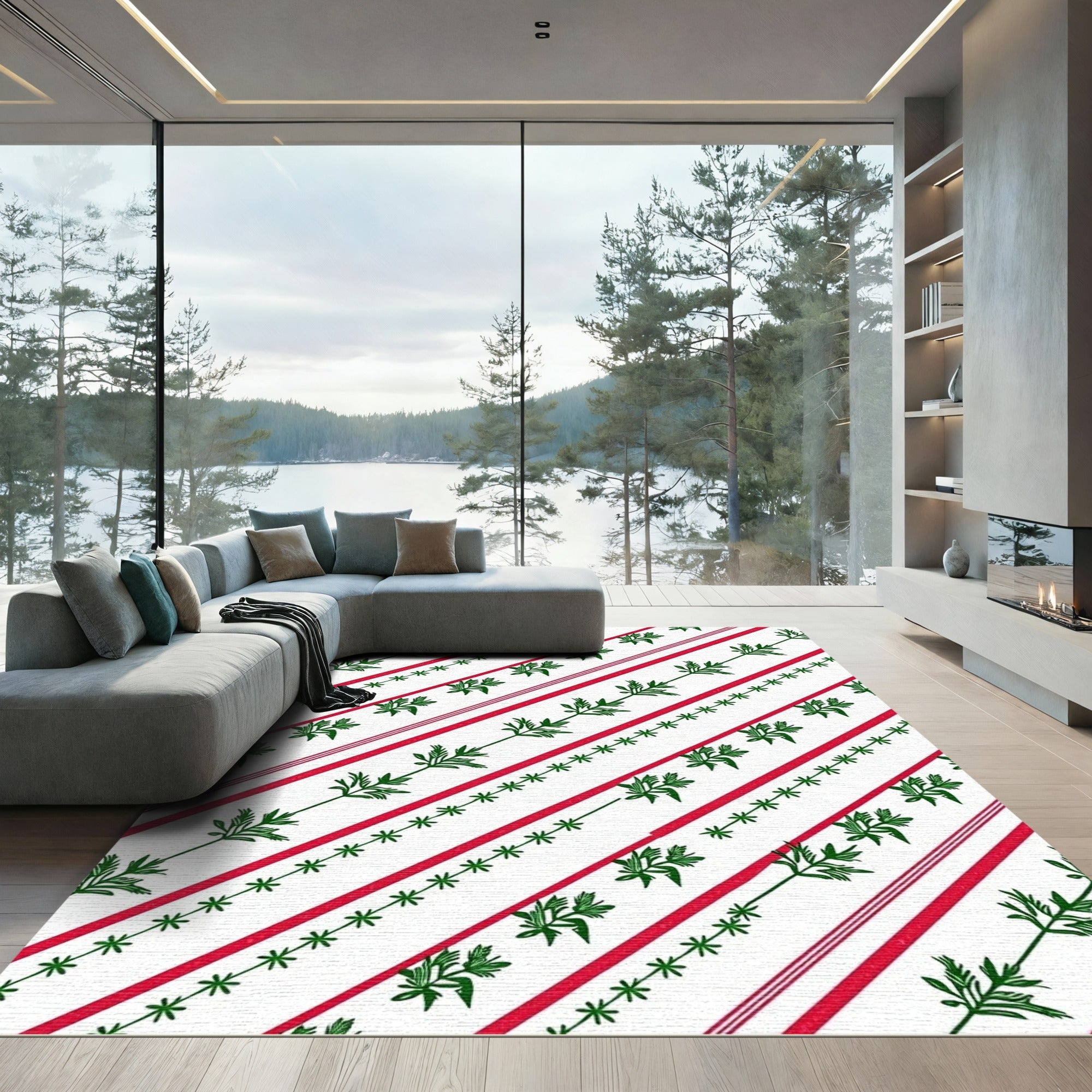 Red Green Diagonal Leaf Stripe Rug