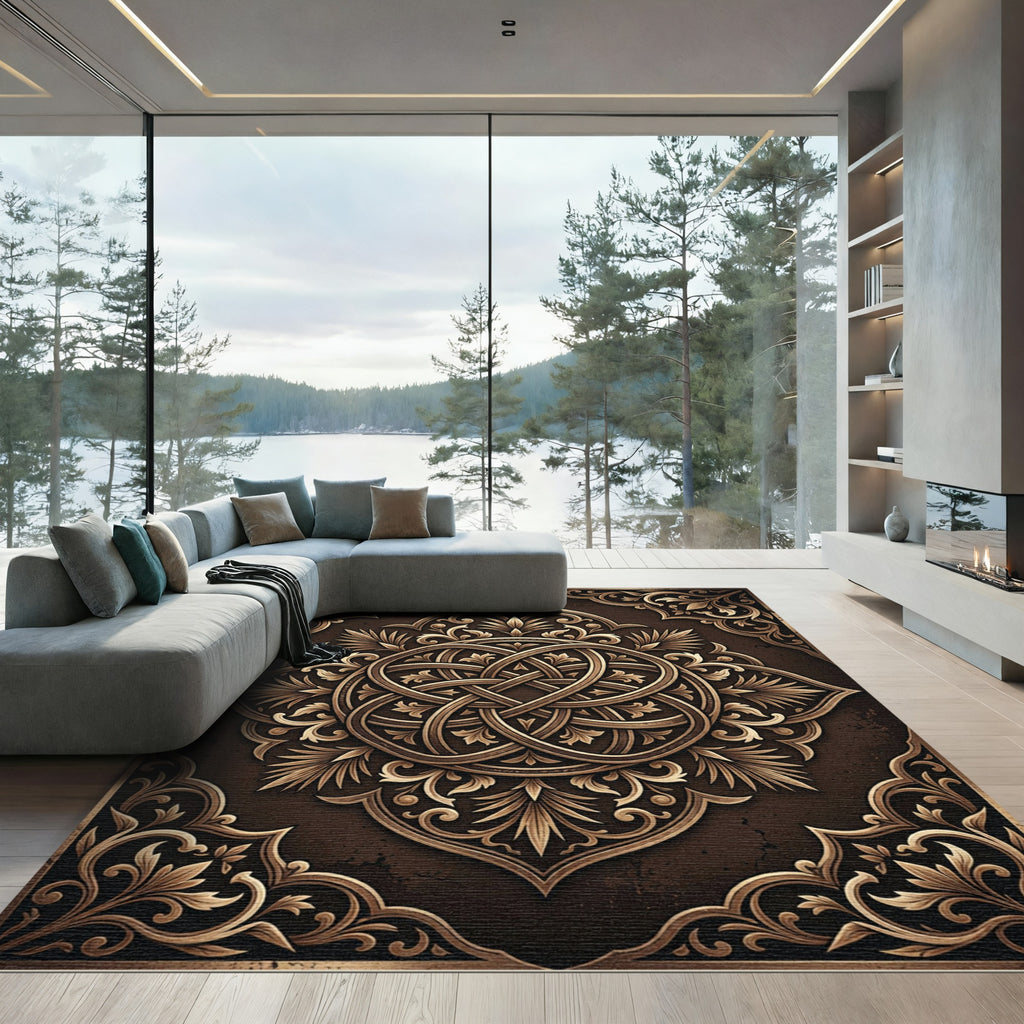 Ornate Bronze Interwoven Floral Emblem Rug
