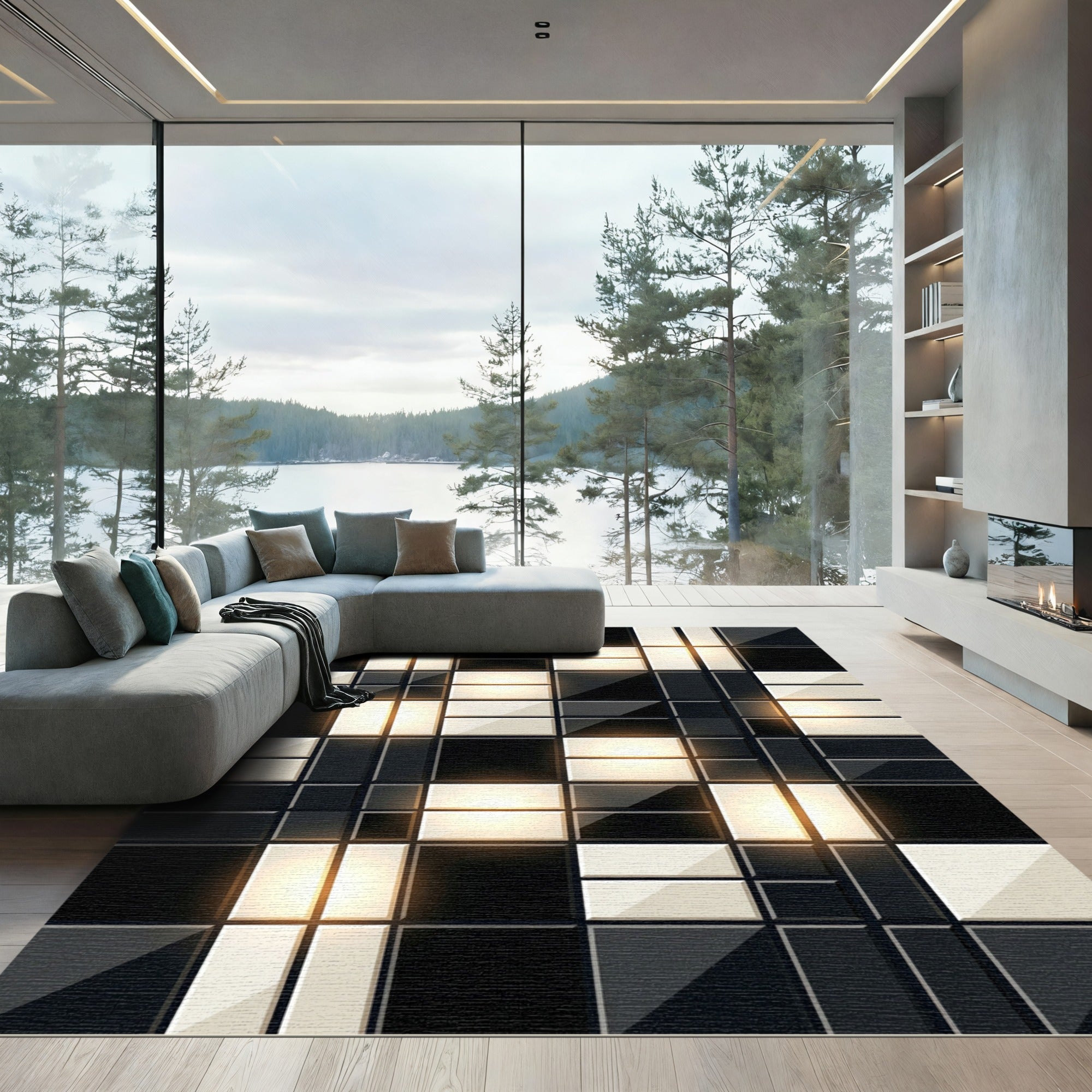 Modern Monochromatic Grid Glowing Square Rug