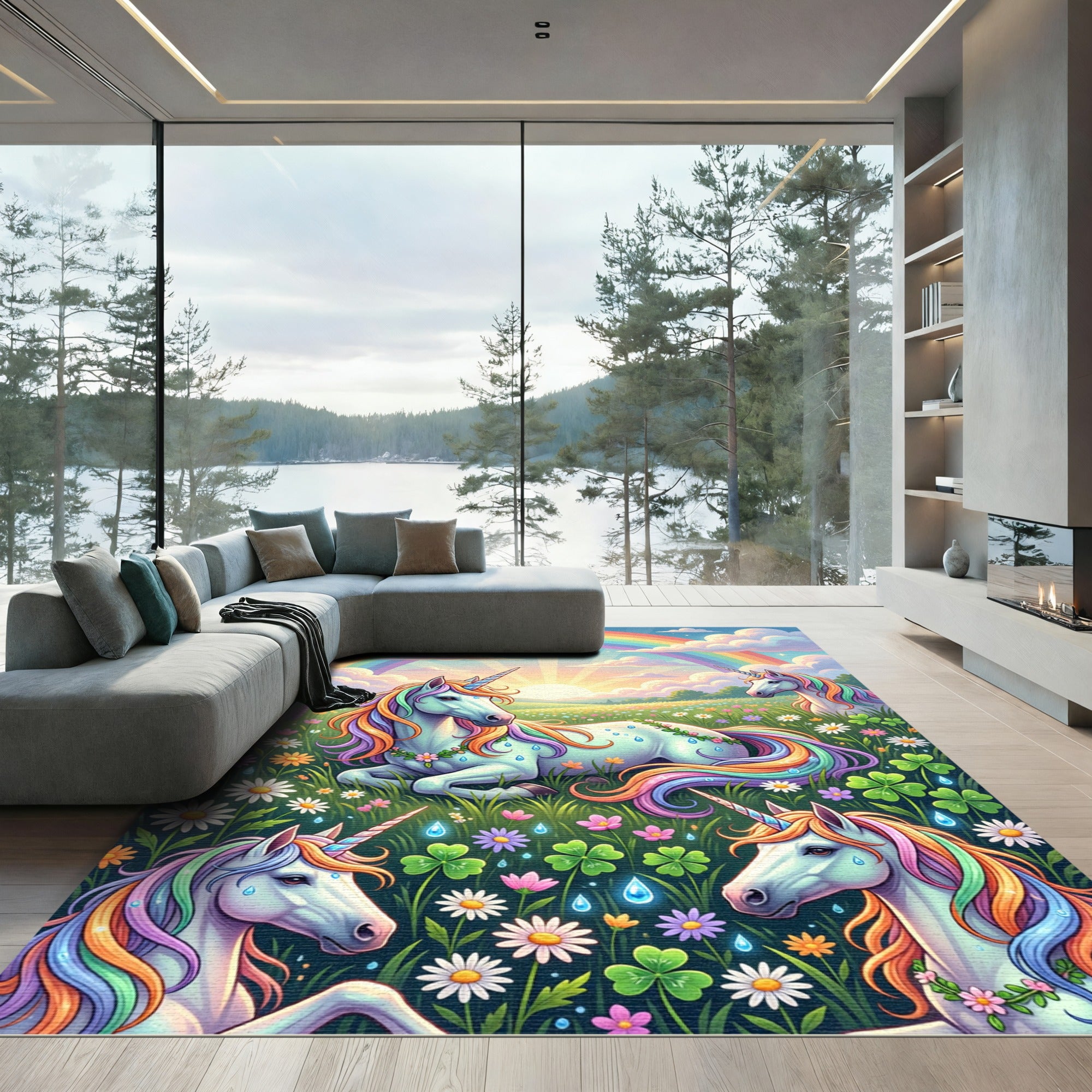 Whimsical Rainbow Unicorn Meadow Landscape Rug
