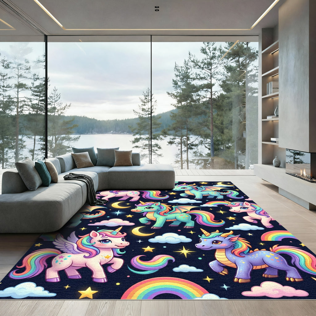 Whimsical Pastel Dragon and Unicorn Sky Rug